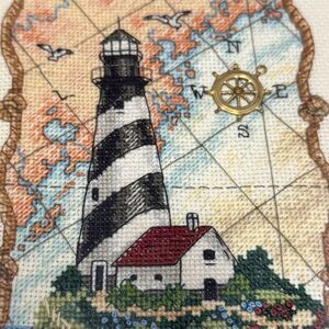 Lighthouse nautical map mariner cross stitch Embroidered Canvas framed Art
